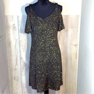 MSK Black and Gold Metallic Fit and Flare Mini Dress With Cold Shoulder Size 4